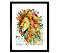 Wall Art Print Lion's Head Multicoloured Folk Art Watercolour Painting Artwork Framed 9X7 Inch Artery8 Black W7 inch x H9 inch