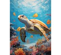 Wall Art Print Loggerhead Sea Turtle in Coral Reef Bright Detailed Artwork Caretta Swimming with Yellow Striped Fish Poster Artery8 Blue W24 inch x H32 inch