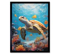 Wall Art Print Loggerhead Sea Turtle in Coral Reef Bright Detailed Artwork Caretta Swimming with Yellow Striped Fish Art Framed Artery8 Black W12 inch x H16 inch