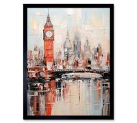 Wall Art Print London Skyline Abstract Oil Painting Thick Paint Red Big Ben River Thames Westminster Bridge England City Art Framed Artery8 Black W12 inch x H16 inch