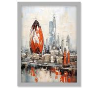 Wall Art Print London Skyline Abstract Oil Painting Thick Paint Red Gherkin Building River Thames England City Artwork Framed A4 Artery8 Grey A4
