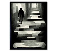 Wall Art Print Lone Figure Abstract Monochrome Vintage Black White Art Framed Artery8 Black W12 inch x H16 inch