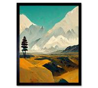 Wall Art Print Lone Tree Snowy Mountain Abstract Landscape Turquoise Mustard White Art Framed Artery8 Black W12 inch x H16 inch