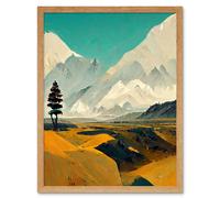Wall Art Print Lone Tree Snowy Mountain Abstract Landscape Turquoise Mustard White Art Framed Artery8 Light Oak W12 inch x H16 inch