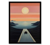 Wall Art Print Long Road Home Just Follow the Sun Blue Pink Seascape Oil Painting Art Framed Wee Blue Coo Multi A4