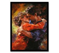 Wall Art Print Lover's Kiss Oil Painting Passionate Embrace Bedroom Art Framed Artery8 Red W12 inch x H16 inch