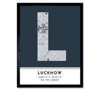 Wall Art Print Lucknow India City Map Modern Typography Stylish Letter Framed Word Wee Blue Coo Navy W12 inch x H16 inch