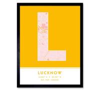 Wall Art Print Lucknow India City Map Modern Typography Stylish Letter Framed Word Wee Blue Coo Yellow W12 inch x H16 inch