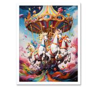 Wall Art Print Magical Carousel in Rainbow Clouds Bright Bold Vibrant Fantasy Kids Bedroom Baby Nursery Artwork Art Framed Artery8 White W12 inch x H16 inch