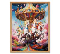 Wall Art Print Magical Carousel in Rainbow Clouds Bright Bold Vibrant Fantasy Kids Bedroom Baby Nursery Artwork Art Framed Artery8 Light Oak W12 inch x H16 inch