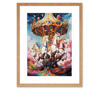 Wall Art Print Magical Carousel in Rainbow Clouds Bright Bold Vibrant Fantasy Kids Bedroom Baby Nursery Artwork Framed 9X7 Inch Artery8 Beige W7 inch x H9 inch