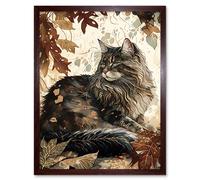 Wall Art Print Maine Coon Cat in Autumn Leaves Modern Watercolour Ink Art Framed Artery8 Brown W12 inch x H16 inch