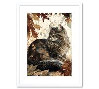 Wall Art Print Maine Coon Cat in Autumn Leaves Modern Watercolour Ink Artwork Framed 9X7 Inch Artery8 White W7 inch x H9 inch