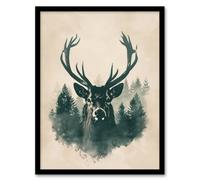 Wall Art Print Majestic Stag Head Forest Watercolour Design Art Framed Poster Artery8 Black A4