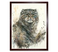 Wall Art Print Manul Pallas Cat Portrait in Wildflowers Watercolour Art Framed Artery8 Brown W12 inch x H16 inch