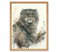 Wall Art Print Manul Pallas Cat Portrait in Wildflowers Watercolour Art Framed Artery8 Light Oak W12 inch x H16 inch