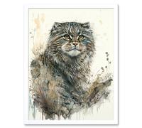 Wall Art Print Manul Pallas Cat Portrait in Wildflowers Watercolour Art Framed Artery8 White W12 inch x H16 inch