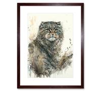 Wall Art Print Manul Pallas Cat Portrait in Wildflowers Watercolour Artwork Framed 9X7 Inch Artery8 Brown W7 inch x H9 inch