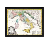 Wall Art Print Map Antique Homann Heirs Italy Mediterranean Sea Art Large Framed Wall Décor Art Artery8 Black W18 inch x H24 inch