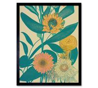 Wall Art Print Marigold Daisy Flowers Turquoise Leaves Bright Colourful Abstract Art Framed Artery8 Black W12 inch x H16 inch