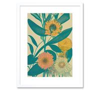 Wall Art Print Marigold Daisy Flowers Turquoise Leaves Bright Colourful Abstract Artwork Framed 9X7 Inch Artery8 White W7 inch x H9 inch
