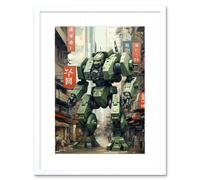 Wall Art Print Mecha Robot in City Street Anime Sci-Fi Artwork Red Green Giant Humanoid Machine Fantasy Science Fiction Artwork Framed 9X7 Inch Artery8 White W7 inch x H9 inch