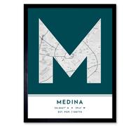 Wall Art Print Medina Saudi Arabia City Map Modern Typography Stylish Letter Framed Word Wee Blue Coo Teal W12 inch x H16 inch