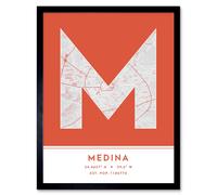 Wall Art Print Medina Saudi Arabia City Map Modern Typography Stylish Letter Framed Word Wee Blue Coo Orange W12 inch x H16 inch