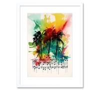 Wall Art Print Melodic Oasis Tropical Palm Tree Sonata Music Modern Splat Paint Watercolour Painting Artwork Framed 9X7 Inch Artery8 White W7 inch x H9 inch