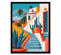 Wall Art Print Mexican Village Cactus Colourful Hispanic Latino Art Framed Poster Artery8 Black W12 inch x H16 inch