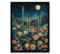 Wall Art Print Midnight Desert Blooms Flowers and Cactus Moon Art Framed Poster Artery8 Black W12 inch x H16 inch