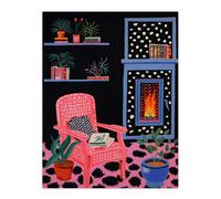 Artery8 Midnight Reading Acrylic Painting on Black Canvas Cosy Livingroom with a Fireplace Unframed Wall Art Print Poster Home Decor Premium