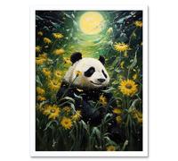 Wall Art Print Midsummer Night's Panda Dream Oil Painting Panda Bear in a Full Moon Sunflower Field Landscape Kids Bedroom Art Framed Artery8 White W12 inch x H16 inch