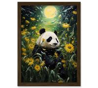 Wall Art Print Midsummer Night's Panda Dream Oil Painting Panda Bear in a Full Moon Sunflower Field Landscape Kids Bedroom Artwork Framed A4 Artery8 Brown A4