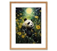 Wall Art Print Midsummer Night's Panda Dream Oil Painting Panda Bear in a Full Moon Sunflower Field Landscape Kids Bedroom Artwork Framed 9X7 Inch Artery8 Beige W7 inch x H9 inch