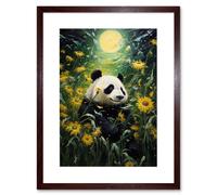 Wall Art Print Midsummer Night's Panda Dream Oil Painting Panda Bear in a Full Moon Sunflower Field Landscape Kids Bedroom Artwork Framed 9X7 Inch Artery8 Brown W7 inch x H9 inch