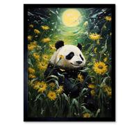 Wall Art Print Midsummer Night's Panda Dream Oil Painting Panda Bear in a Full Moon Sunflower Field Landscape Kids Bedroom Art Framed Artery8 Black W12 inch x H16 inch