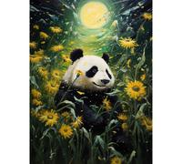Artery8 Midsummer Night's Panda Dream Oil Painting Panda Bear in a Full Moon Sunflower Field Landscape Kids Bedroom Extra Large XL Wall Art Poster Print