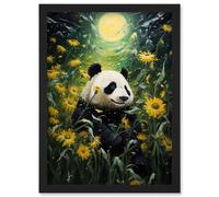 Artery8 Midsummer Night's Panda Dream Oil Painting Panda Bear in a Full Moon Sunflower Field Landscape Kids Bedroom Artwork Framed Wall Art Print A4