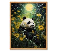 Wall Art Print Midsummer Night's Panda Dream Oil Painting Panda Bear in a Full Moon Sunflower Field Landscape Kids Bedroom Art Framed Artery8 Light Oak W12 inch x H16 inch