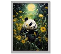 Wall Art Print Midsummer Night's Panda Dream Oil Painting Panda Bear in a Full Moon Sunflower Field Landscape Kids Bedroom Artwork Framed A4 Artery8 Grey A4