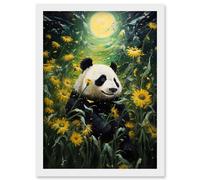 Artery8 Midsummer Night's Panda Dream Oil Painting Panda Bear in a Full Moon Sunflower Field Landscape Kids Bedroom Artwork Framed Wall Art Print A4