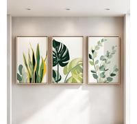 Wall Art Print - Minimalist Botanical Artwork on Canvas, Leaf Palm Monstera Snake Plant Eucalyptus Nature, Home Decor Painting For Living Room/Bedroom/Bathroom/Kitchen/Hallway/Office, Set of 3