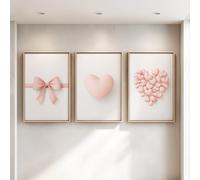 Wall Art Print - Minimalist Romantic Artwork on Canvas, White Background Pink Love Heart Bow, Home Decor Painting For Living Room/Bedroom/Bathroom/Kitchen/Hallway/Office, Set of 3