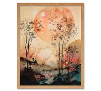 Wall Art Print Misty Riverside Trees Sunset Landscape Modern Boho Watercolour Painting Art Framed Artery8 Light Oak W12 inch x H16 inch