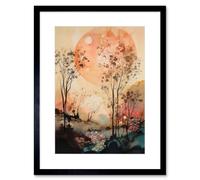 Wall Art Print Misty Riverside Trees Sunset Landscape Modern Boho Watercolour Painting Artwork Framed 9X7 Inch Artery8 Black W7 inch x H9 inch