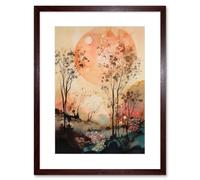 Wall Art Print Misty Riverside Trees Sunset Landscape Modern Boho Watercolour Painting Artwork Framed 9X7 Inch Artery8 Brown W7 inch x H9 inch