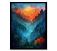 Wall Art Print Misty Sunset Colourful Forest Mountain Landscape Art Framed Poster Artery8 Black A4