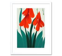 Wall Art Print Modern Abstract Crimson Red Bloom Wild Flowers Teal Leaves on White Artwork Framed 9X7 Inch Artery8 White W7 inch x H9 inch