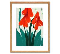 Wall Art Print Modern Abstract Crimson Red Bloom Wild Flowers Teal Leaves on White Artwork Framed 9X7 Inch Artery8 Beige W7 inch x H9 inch